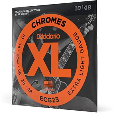 D'Addario ECG23 Lot de 1 cordes de guitare électrique de tailles XL chromées, enroulement plat, polies pour une sensation ultra lisse et un son chaud et doux, extra léger, 10-48 D'Addario ECG23 Lot de 1 cordes de guitare électrique de tailles XL chromées, enroulement plat, polies pour une sensation ultra lisse et un son chaud et doux, extra léger, 10-48