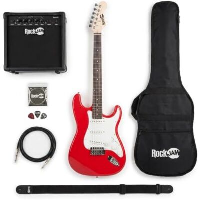 RockJam Kit de guitare électrique complet avec ampli de guitare 10 watts, leçons, sangle, sac de transport, médiators, Whammy, lead et cordes de rechange Rouge RockJam Kit de guitare électrique complet avec ampli de guitare 10 watts, leçons, sangle, sac de transport, médiators, Whammy, lead et cordes de rechange Rouge