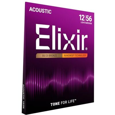 Elixir Cordes en Bronze 80/20 pour guitare acoustique avec revêtement NANOWEB, Light/Medium (.012-.056) Elixir Cordes en Bronze 80/20 pour guitare acoustique avec revêtement NANOWEB, Light/Medium (.012-.056)