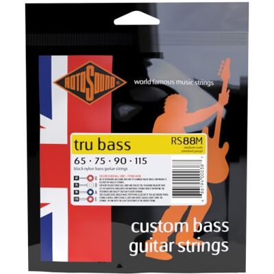 Rotosound Tru Bass Jeu de cordes pour basse Nylon noir Filet plat Diapason moyen Tirant standard (65 75 90 115) Rotosound Tru Bass Jeu de cordes pour basse Nylon noir Filet plat Diapason moyen Tirant standard (65 75 90 115)