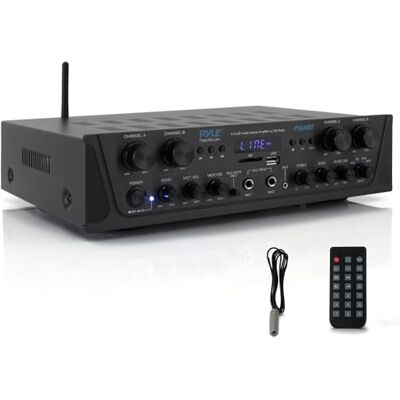 Pyle Ampli Bluetooth Karaoké Sans Fil 500W Récepteur Audio Stéréo 4 Canaux avec AUX, Radio FM, Subwoofer RCA, USB, Microphone avec Écho, 500W sous 4-8 Ohms, idéal pour studio musique Pyle Ampli Bluetooth Karaoké Sans Fil 500W Récepteur Audio Stéréo 4 Canaux avec AUX, Radio FM, Subwoofer RCA, USB, Microphone avec Écho, 500W sous 4-8 Ohms, idéal pour studio musique