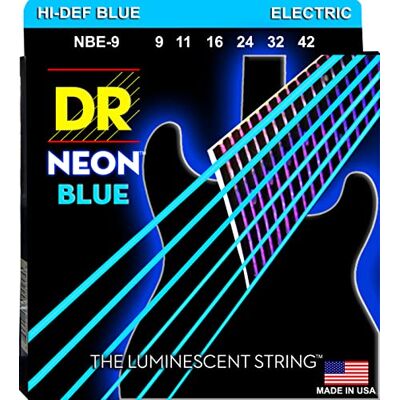 DR Strings DR E NEON NBE- 9 HiDef Jeu de cordes bleues pour Guitare électrique DR Strings DR E NEON NBE- 9 HiDef Jeu de cordes bleues pour Guitare électrique