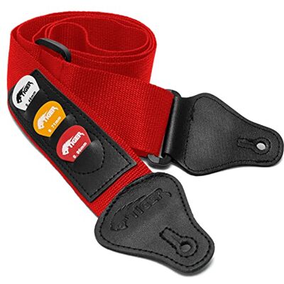 Tiger STP4-RD Sangle de guitare avec porte-médiators Rouge Tiger STP4-RD Sangle de guitare avec porte-médiators Rouge