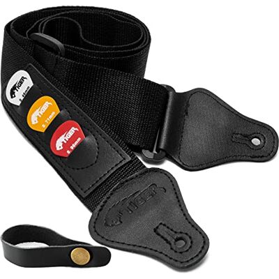Tiger Sangle de guitare noire avec cravate et médiators pour guitare acoustique, classique, espagnole Tiger Sangle de guitare noire avec cravate et médiators pour guitare acoustique, classique, espagnole