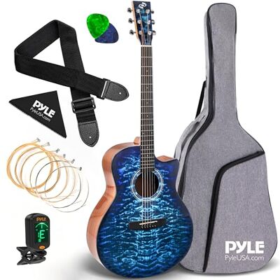 Pyle Blue Ocean Ripple est une guitare acoustique à cordes en acier, dotée d'une table en épicéa massif et d'une finition brillante.Elle est de taille complète et comprend un kit d'accessoires complet Pyle Blue Ocean Ripple est une guitare acoustique à cordes en acier, dotée d'une table en épicéa massif et d'une finition brillante.Elle est de taille complète et comprend un kit d'accessoires complet