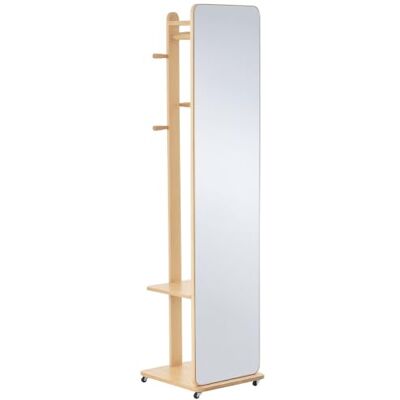 HOMCOM Miroir sur Pied avec Roulettes Portant 4 Patères MDF Bois Clair Étagère HOMCOM Miroir sur Pied avec Roulettes Portant 4 Patères MDF Bois Clair Étagère