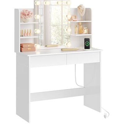 WOLTU Coiffeuse avec chaîne lumineuse LED à 10 ampoules Blanc avec miroir, multiprise, 2 tiroirs, 4 étagères, 90 x 40 x 135 cm, MB6123ws WOLTU Coiffeuse avec chaîne lumineuse LED à 10 ampoules Blanc avec miroir, multiprise, 2 tiroirs, 4 étagères, 90 x 40 x 135 cm, MB6123ws