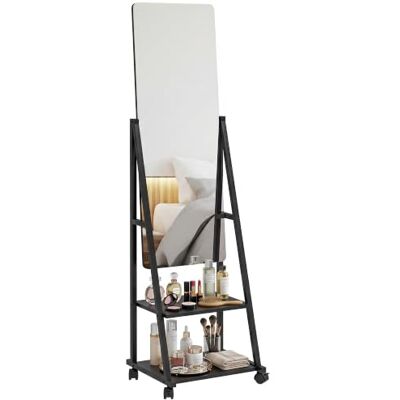 HOMCOM Miroir sur pied pleine longueur, miroir roulant avec angle réglable, 2 étagères de rangement et 4 roues pour chambre à coucher, salon, couloir, noir HOMCOM Miroir sur pied pleine longueur, miroir roulant avec angle réglable, 2 étagères de rangement et 4 roues pour chambre à coucher, salon, couloir, noir