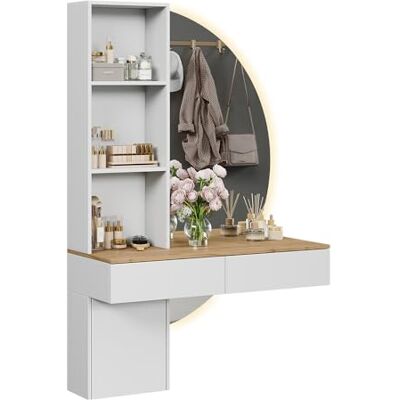 Vicco Coiffeuse "Melora", blanc/chêne, 100cm avec miroir LED, pour le rangement des cosmétiques et accessoires Vicco Coiffeuse "Melora", blanc/chêne, 100cm avec miroir LED, pour le rangement des cosmétiques et accessoires