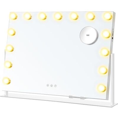 SONGMICS Miroir Coiffeuse, 58 x 43 cm, Contrôle Tactile, 15 Ampoules LED, Ports de Charge, Miroir Grossissant Détachable 10X, 3 Températures de Couleur, Support de Téléphone, Blanc Mat LWM001W02 SONGMICS Miroir Coiffeuse, 58 x 43 cm, Contrôle Tactile, 15 Ampoules LED, Ports de Charge, Miroir Grossissant Détachable 10X, 3 Températures de Couleur, Support de Téléphone, Blanc Mat LWM001W02
