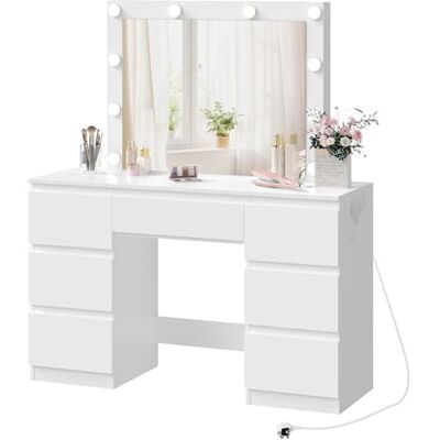 WOLTU Coiffeuse avec lumières et multiprises, grand miroir LED et 7 tiroirs, 110 x 39,5 x 140,5 cm, blanc, MB6124ws WOLTU Coiffeuse avec lumières et multiprises, grand miroir LED et 7 tiroirs, 110 x 39,5 x 140,5 cm, blanc, MB6124ws