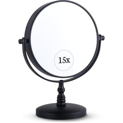 Mirrorvana Miroir de table grossissant x15 avec support, design cosmétique double face 15x et 1x, idéal pour bureau, coiffeuse ou comptoir de salle de bain, 22,9 cm x 15,2 cm (noir) Mirrorvana Miroir de table grossissant x15 avec support, design cosmétique double face 15x et 1x, idéal pour bureau, coiffeuse ou comptoir de salle de bain, 22,9 cm x 15,2 cm (noir)