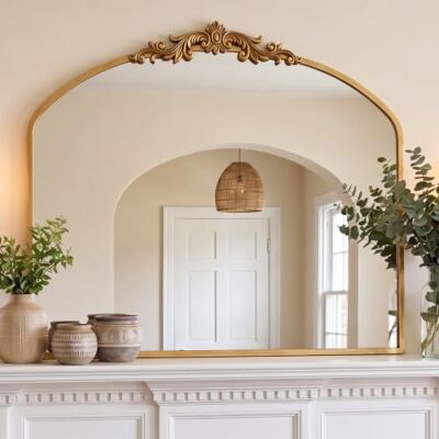 PERFNIQUE Miroir vintage doré, 91 x 76 cm, miroir baroque antique arqué pour mur, en laiton, décoration murale traditionnelle pour salle de bain, salon, cheminée, entrée, couloir (91 x 76 cm) PERFNIQUE Miroir vintage doré, 91 x 76 cm, miroir baroque antique arqué pour mur, en laiton, décoration murale traditionnelle pour salle de bain, salon, cheminée, entrée, couloir (91 x 76 cm)