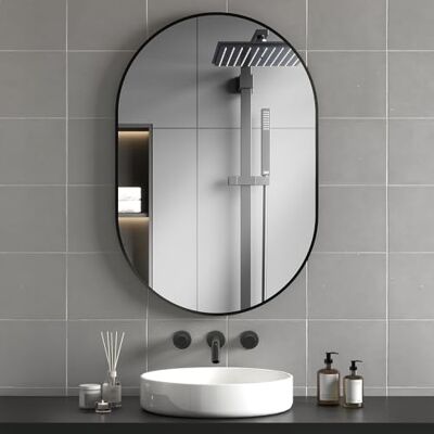 HOMCOM Miroir de salle de bain ovale 60 x 90 cm en verre trempé, miroir mural moderne avec cadre en alliage d'aluminium, montage vertical/horizontal, pour chambre à coucher, entrée, salon, noir HOMCOM Miroir de salle de bain ovale 60 x 90 cm en verre trempé, miroir mural moderne avec cadre en alliage d'aluminium, montage vertical/horizontal, pour chambre à coucher, entrée, salon, noir