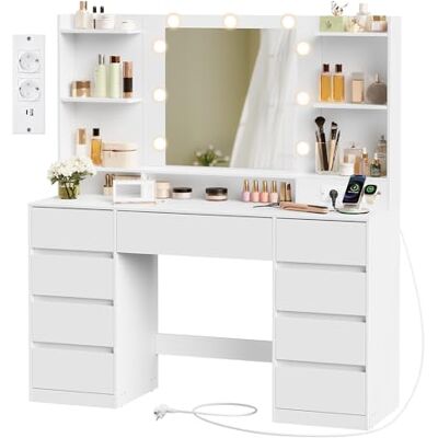 VASAGLE KAILYN Collection Coiffeuse avec miroir et lumières LED, multiprise, 9 tiroirs, 9 ampoules à intensité variable, 3 couleurs de lumière, glissières sans outil, blanc nuage RDT141WB02 VASAGLE KAILYN Collection Coiffeuse avec miroir et lumières LED, multiprise, 9 tiroirs, 9 ampoules à intensité variable, 3 couleurs de lumière, glissières sans outil, blanc nuage RDT141WB02