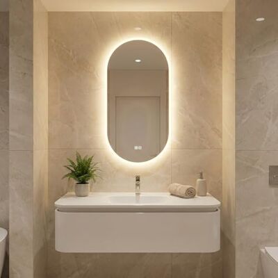 Bayt Miroir salle de bain ovale 50x90 cm – Miroir mural avec éclairage LED, anti-buée – Design élégant et compact Blanc Bayt Miroir salle de bain ovale 50x90 cm – Miroir mural avec éclairage LED, anti-buée – Design élégant et compact Blanc