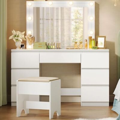 WOLTU Coiffeuse avec éclairage LED, luminosité réglable, grand miroir, 7 tiroirs, 107 x 140,5 x 39,5 cm, pour chambre à coucher, blanche WOLTU Coiffeuse avec éclairage LED, luminosité réglable, grand miroir, 7 tiroirs, 107 x 140,5 x 39,5 cm, pour chambre à coucher, blanche