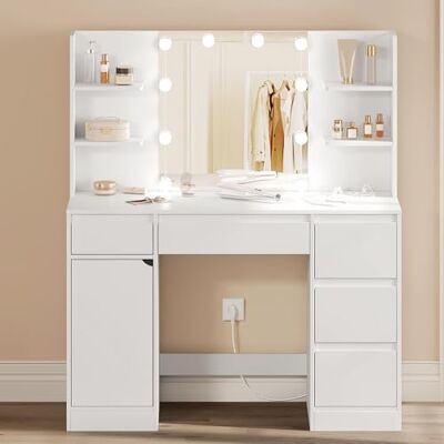 WOLTU Coiffeuse avec miroir LED, tabouret et 4 tiroirs, 3 couleurs réglables, design blanc moderne pour chambre à coucher WOLTU Coiffeuse avec miroir LED, tabouret et 4 tiroirs, 3 couleurs réglables, design blanc moderne pour chambre à coucher
