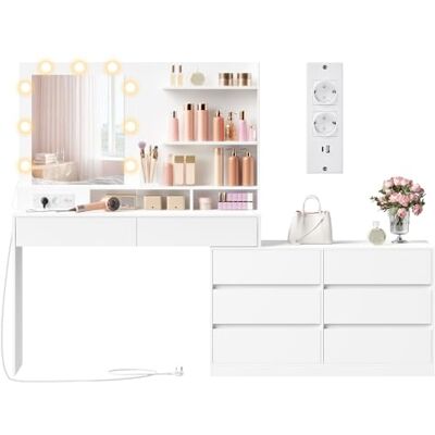 VASAGLE Kailyn Collection Coiffeuse avec Miroir LED et Multiprise, 9 Ampoules, 8 Tiroirs, 3 Étagères, Éclairage 3 Couleurs, Modulable en Ligne ou en L, Table de Maquillage, Blanc Nuage RDT140WB01 VASAGLE Kailyn Collection Coiffeuse avec Miroir LED et Multiprise, 9 Ampoules, 8 Tiroirs, 3 Étagères, Éclairage 3 Couleurs, Modulable en Ligne ou en L, Table de Maquillage, Blanc Nuage RDT140WB01