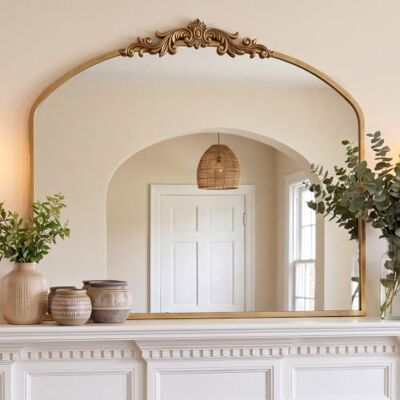 PERFNIQUE Miroir vintage doré, 91 x 76 cm, miroir baroque antique arqué pour mur, en laiton, décoration murale traditionnelle pour salle de bain, salon, cheminée, entrée, couloir (91 x 76 cm) PERFNIQUE Miroir vintage doré, 91 x 76 cm, miroir baroque antique arqué pour mur, en laiton, décoration murale traditionnelle pour salle de bain, salon, cheminée, entrée, couloir (91 x 76 cm)