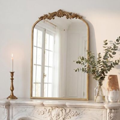 PERFNIQUE Miroir vintage doré, 88 x 60 cm, miroir baroque antique arqué Décoration murale traditionnelle ornementale, meubles Anthro pour salle de bain, salon, cheminée, entrée et couloir PERFNIQUE Miroir vintage doré, 88 x 60 cm, miroir baroque antique arqué Décoration murale traditionnelle ornementale, meubles Anthro pour salle de bain, salon, cheminée, entrée et couloir