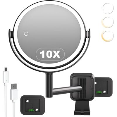 SURFOU Miroir de maquillage mural sans perceuse, 10 x 1 x agrandissement, LED 3 lumières réglables, ventouse forte, rechargeable 2000 mAh, 360 °, rotatif et extensible, pour salle de bain, maison SURFOU Miroir de maquillage mural sans perceuse, 10 x 1 x agrandissement, LED 3 lumières réglables, ventouse forte, rechargeable 2000 mAh, 360 °, rotatif et extensible, pour salle de bain, maison