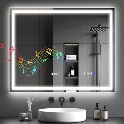 HOMCOM Miroir Salle de Bain Bluetooth avec Éclairage LED 80 x 100 cm Argent Miroir Lumineux Salle de Bain Mural, Interrupteur Tactile, Lumière Réglable 3 Couleurs, Anti-Buée, Mémoire HOMCOM Miroir Salle de Bain Bluetooth avec Éclairage LED 80 x 100 cm Argent Miroir Lumineux Salle de Bain Mural, Interrupteur Tactile, Lumière Réglable 3 Couleurs, Anti-Buée, Mémoire