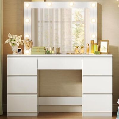 WOLTU Coiffeuse avec Miroir LED, Table de Maquillage, Coiffeuse avec Rangement, 7 Tiroirs, Luminosité Réglable, Blanc, 107x39,5x140,5cm WOLTU Coiffeuse avec Miroir LED, Table de Maquillage, Coiffeuse avec Rangement, 7 Tiroirs, Luminosité Réglable, Blanc, 107x39,5x140,5cm