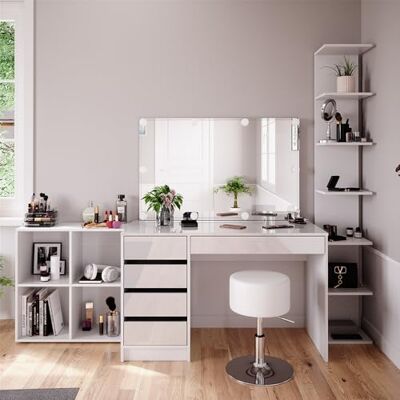 Vicco Coiffeuse "Sherry" Blanc avec étagère de rangement, étagère sur pied, miroir, tabouret, LED Vicco Coiffeuse "Sherry" Blanc avec étagère de rangement, étagère sur pied, miroir, tabouret, LED