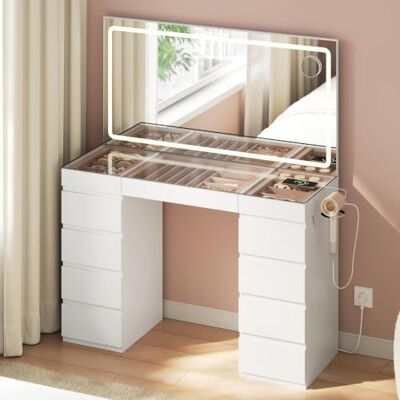 WOLTU Coiffeuse avec Miroir LED, Table de Maquillage avec Rangement, Station de Charge, Plateau en Verre et Support pour Sèche-Cheveux, pour Chambre à Coucher, Blanche WOLTU Coiffeuse avec Miroir LED, Table de Maquillage avec Rangement, Station de Charge, Plateau en Verre et Support pour Sèche-Cheveux, pour Chambre à Coucher, Blanche