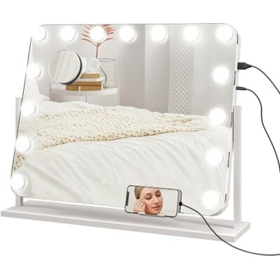 HOMCOM Miroir Maquillage Hollywood Lumineux 15 LED Dimmables 63 x 50 cm Miroir Coiffeuse, Glossissant 10X, Charge USB, Support de Téléphone, Rotation à 360° HOMCOM Miroir Maquillage Hollywood Lumineux 15 LED Dimmables 63 x 50 cm Miroir Coiffeuse, Glossissant 10X, Charge USB, Support de Téléphone, Rotation à 360°