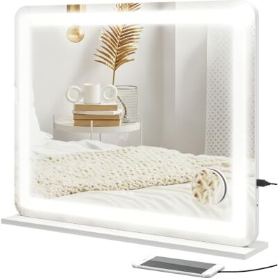 HOMCOM Miroir Lumineux LED Intensité Miroir de Maquillage 80 x 62 cm 3 Modes d'Éclairage, Grossissement 10X, Port de Charge USB, Touche Tactile HOMCOM Miroir Lumineux LED Intensité Miroir de Maquillage 80 x 62 cm 3 Modes d'Éclairage, Grossissement 10X, Port de Charge USB, Touche Tactile