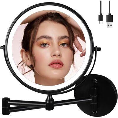 TUSHENGTU Grand miroir grossissant noir de 22,9 cm avec lumière, rechargeable et lumineux, miroir de rasage mural, miroir de coiffeuse grossissant 10x/1x pour salle de bain double face TUSHENGTU Grand miroir grossissant noir de 22,9 cm avec lumière, rechargeable et lumineux, miroir de rasage mural, miroir de coiffeuse grossissant 10x/1x pour salle de bain double face
