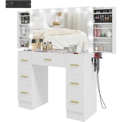 HOMCOM Coiffeuse avec 12 lumières LED, miroir, station de charge et support pour sèche-cheveux, 7 tiroirs et 6 compartiments coulissants cachés, pour chambre à coucher, blanche HOMCOM Coiffeuse avec 12 lumières LED, miroir, station de charge et support pour sèche-cheveux, 7 tiroirs et 6 compartiments coulissants cachés, pour chambre à coucher, blanche