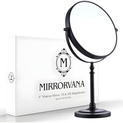Mirrorvana Grand miroir de maquillage grossissant x10 sur support pour chambre à coucher et salle de bain, miroir de table rond classique sur pied avec double face grossissement 10x/1x, 38 cm de haut Mirrorvana Grand miroir de maquillage grossissant x10 sur support pour chambre à coucher et salle de bain, miroir de table rond classique sur pied avec double face grossissement 10x/1x, 38 cm de haut