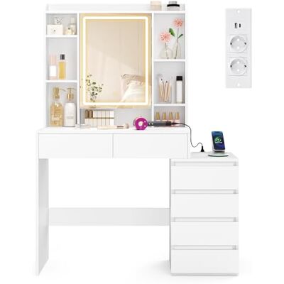 VASAGLE Coiffeuse avec Miroir LED, Luminosité Réglable, Multiprise, Table de Maquillage, 40 x 105 x 145 cm, Compartiments Ouverts, Étagères Réglables, Moderne, Blanc Nuage, Kailyn RDT144WB01 VASAGLE Coiffeuse avec Miroir LED, Luminosité Réglable, Multiprise, Table de Maquillage, 40 x 105 x 145 cm, Compartiments Ouverts, Étagères Réglables, Moderne, Blanc Nuage, Kailyn RDT144WB01