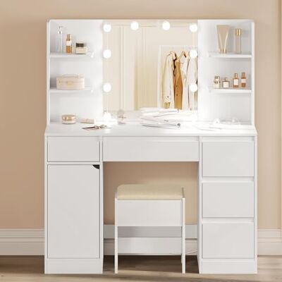WOLTU Coiffeuse de maquillage avec lumières LED réglables, table moderne blanche, miroir lumineux, 5 tiroirs et étagères WOLTU Coiffeuse de maquillage avec lumières LED réglables, table moderne blanche, miroir lumineux, 5 tiroirs et étagères