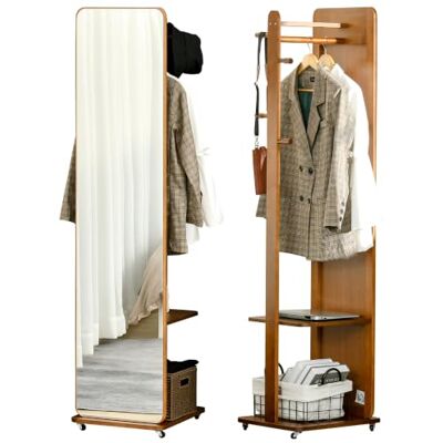HOMCOM Miroir sur Pied avec Roulettes Portant 4 Patères MDF Noyer Étagère HOMCOM Miroir sur Pied avec Roulettes Portant 4 Patères MDF Noyer Étagère
