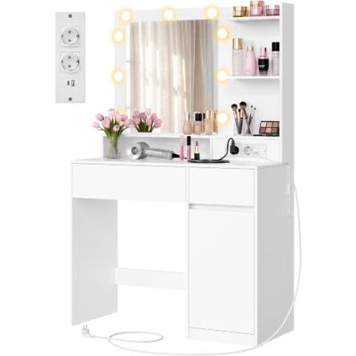 VASAGLE Coiffeuse avec Miroir et Lumières, Prises, Armoire de Rangement Table de Maquillage, 80 x 80 x 144,3 cm, pour Chambre, Blanc, Collection KAILYN RDT242WB01 VASAGLE Coiffeuse avec Miroir et Lumières, Prises, Armoire de Rangement Table de Maquillage, 80 x 80 x 144,3 cm, pour Chambre, Blanc, Collection KAILYN RDT242WB01