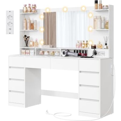 VASAGLE Coiffeuse avec Miroir et Lumières LED, 10 Tiroirs Table de Maquillage avec Station de Charge, 137 x 40 x 144,3 cm, pour Chambre, Wolk wit, Collection KAILYN RDT341WB01 VASAGLE Coiffeuse avec Miroir et Lumières LED, 10 Tiroirs Table de Maquillage avec Station de Charge, 137 x 40 x 144,3 cm, pour Chambre, Wolk wit, Collection KAILYN RDT341WB01