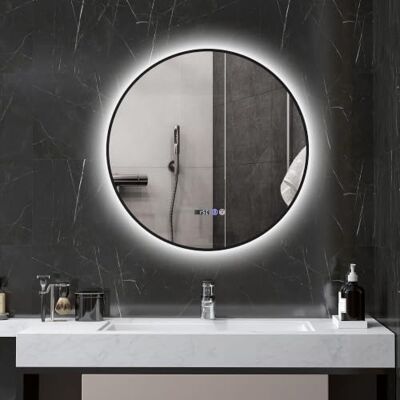 HOMCOM Miroir salle de bain avec éclairage Ø 70 cm rond LED mural noir Rétro-Éclairé, Intensité Variable, Fonction Anti-Buée, Interrupteur Tactile, Affichage Heure Température HOMCOM Miroir salle de bain avec éclairage Ø 70 cm rond LED mural noir Rétro-Éclairé, Intensité Variable, Fonction Anti-Buée, Interrupteur Tactile, Affichage Heure Température