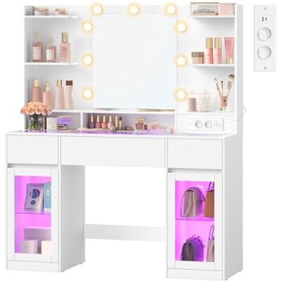 VASAGLE Coiffeuse avec Miroir, LED RGB, Prises et Armoires Table de Maquillage, 107 x 40 x 144,5 cm, Sans Tabouret, pour Chambre, Blanc, Collection KAILYN, RDT145WB01 VASAGLE Coiffeuse avec Miroir, LED RGB, Prises et Armoires Table de Maquillage, 107 x 40 x 144,5 cm, Sans Tabouret, pour Chambre, Blanc, Collection KAILYN, RDT145WB01