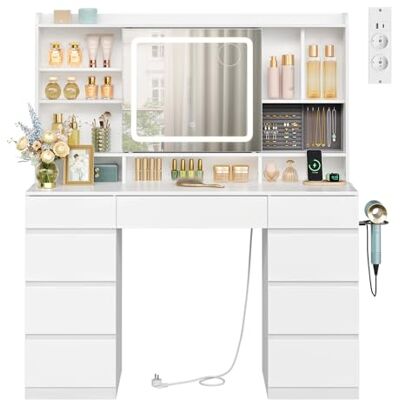 WOLTU Coiffeuse avec Miroir LED Coulissant et Multiprise, Luminosité Réglable, Grande Coiffeuse avec 9 Tiroirs, 11 Étagères, 1 Casier à bijoux, Meuble Moderne pour Chambre, en Bois, Blanc WOLTU Coiffeuse avec Miroir LED Coulissant et Multiprise, Luminosité Réglable, Grande Coiffeuse avec 9 Tiroirs, 11 Étagères, 1 Casier à bijoux, Meuble Moderne pour Chambre, en Bois, Blanc