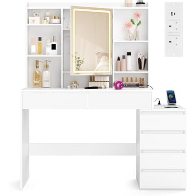 VASAGLE Coiffeuse avec Miroir LED, Luminosité Réglable, Multiprise, Table de Maquillage, 40 x 118,3 x 145 cm, Compartiments Ouverts, Étagères Réglables, Moderne, Blanc Nuage, Kailyn RDT644WB01 VASAGLE Coiffeuse avec Miroir LED, Luminosité Réglable, Multiprise, Table de Maquillage, 40 x 118,3 x 145 cm, Compartiments Ouverts, Étagères Réglables, Moderne, Blanc Nuage, Kailyn RDT644WB01