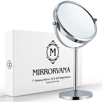 Mirrorvana Miroir grossissant x10 rond pour salle de bain, miroir de table pour maquillage avec rotation à 360 degrés, miroir sur pied double face 10x et 1x, 18 cm Mirrorvana Miroir grossissant x10 rond pour salle de bain, miroir de table pour maquillage avec rotation à 360 degrés, miroir sur pied double face 10x et 1x, 18 cm