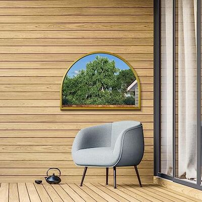 MirrorOutlet The Arcus Miroir mural moderne en forme d'arc avec cadre en métal doré 125 x 90 cm Noir Cadre de 2 cm de large et 3 cm de profondeur. MirrorOutlet The Arcus Miroir mural moderne en forme d'arc avec cadre en métal doré 125 x 90 cm Noir Cadre de 2 cm de large et 3 cm de profondeur.