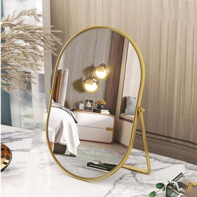 Numjeg Miroir de coiffeuse ovale avec rotation réglable à 90° et cadre en métal doré Décoration de chambre pour salon, chambre à coucher, table, salle de bain Numjeg Miroir de coiffeuse ovale avec rotation réglable à 90° et cadre en métal doré Décoration de chambre pour salon, chambre à coucher, table, salle de bain