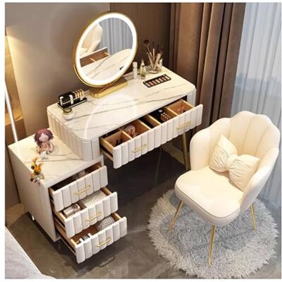 MARIYCH Coiffeuse moderne avec grand miroir et éclairage, ensemble de coiffeuse à 5 tiroirs, 3 couleurs d'éclairage réglables pour chambre à coucher, salle de maquillage moderne, 100 cm, blanc MARIYCH Coiffeuse moderne avec grand miroir et éclairage, ensemble de coiffeuse à 5 tiroirs, 3 couleurs d'éclairage réglables pour chambre à coucher, salle de maquillage moderne, 100 cm, blanc