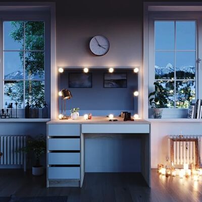 Vicco Coiffeuse "Sherry", Blanc/Sonoma, 120cm avec éclairage LED, avec éclairage LED et grand miroir rectangulaire Vicco Coiffeuse "Sherry", Blanc/Sonoma, 120cm avec éclairage LED, avec éclairage LED et grand miroir rectangulaire