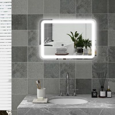 HOMCOM Miroir Salle De Bain Avec Éclairage LED Mural 50 x 70 cm Argenté 3 Couleurs Lumière, Dimmable, Antibuée, Mémoire, Capteur Tactile, Verre Trempé, IP44, Montage Horizontale/Verticale HOMCOM Miroir Salle De Bain Avec Éclairage LED Mural 50 x 70 cm Argenté 3 Couleurs Lumière, Dimmable, Antibuée, Mémoire, Capteur Tactile, Verre Trempé, IP44, Montage Horizontale/Verticale